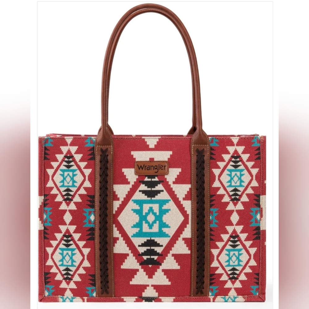 Wrangler Women's Rich Red & Turquoise Aztec Print Leather Trimmed Tote